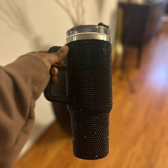 BLACK RHINESTONE 40oz TUMBLER WITH HANDLE- BLING CUP - Picture 7 of 9